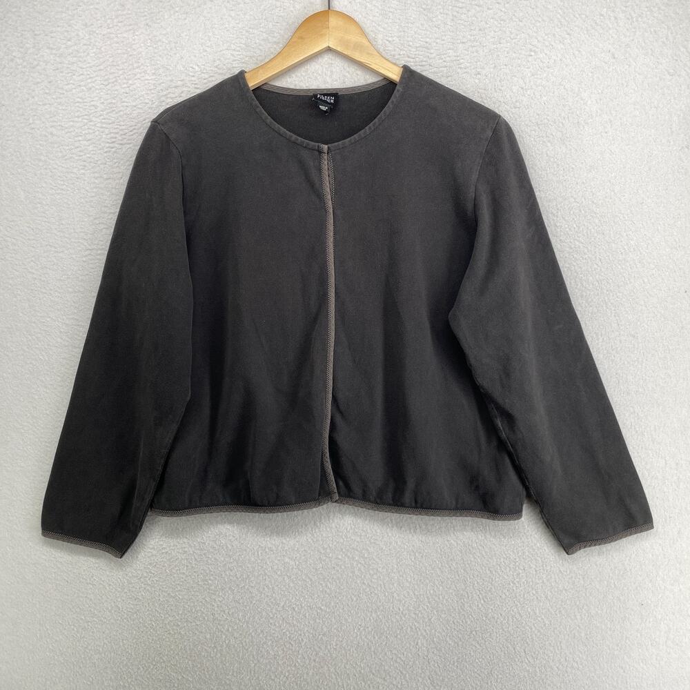 EILEEN FISHER Top L Heavy Brushed Jersey Cardigan Cotton Snap Front Black